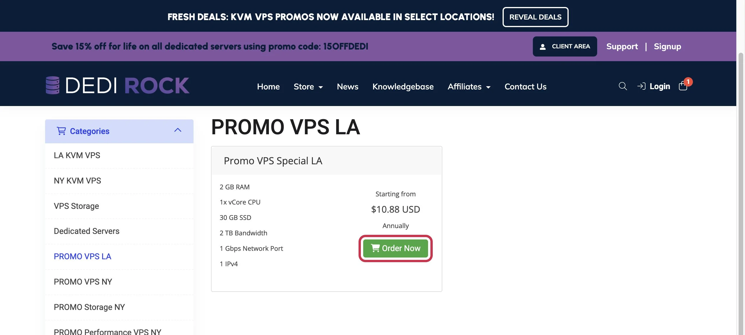 DediRock Los Angeles Special VPS Purchase Page, click Order Now