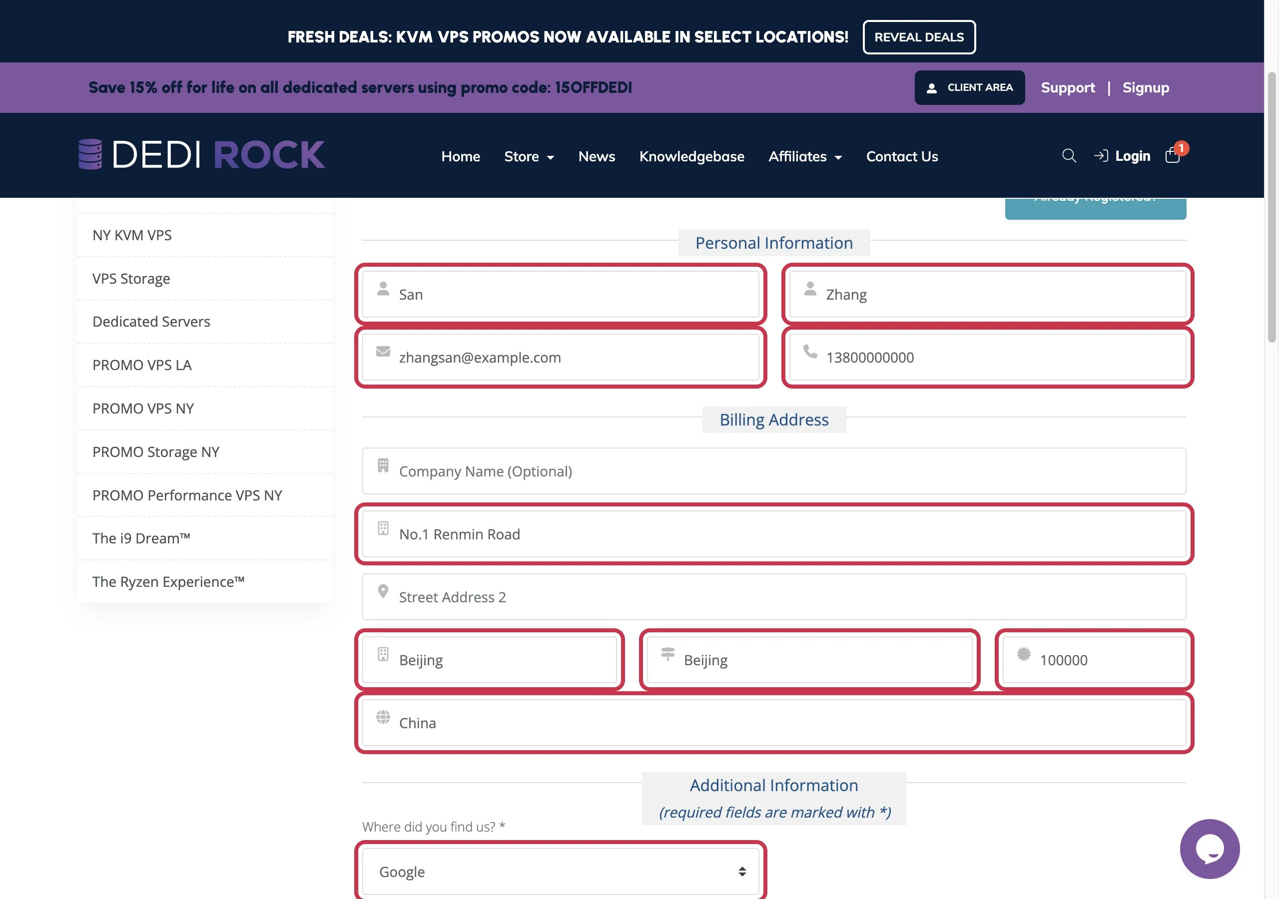 Fill in personal information and billing address (example information shown in the image)