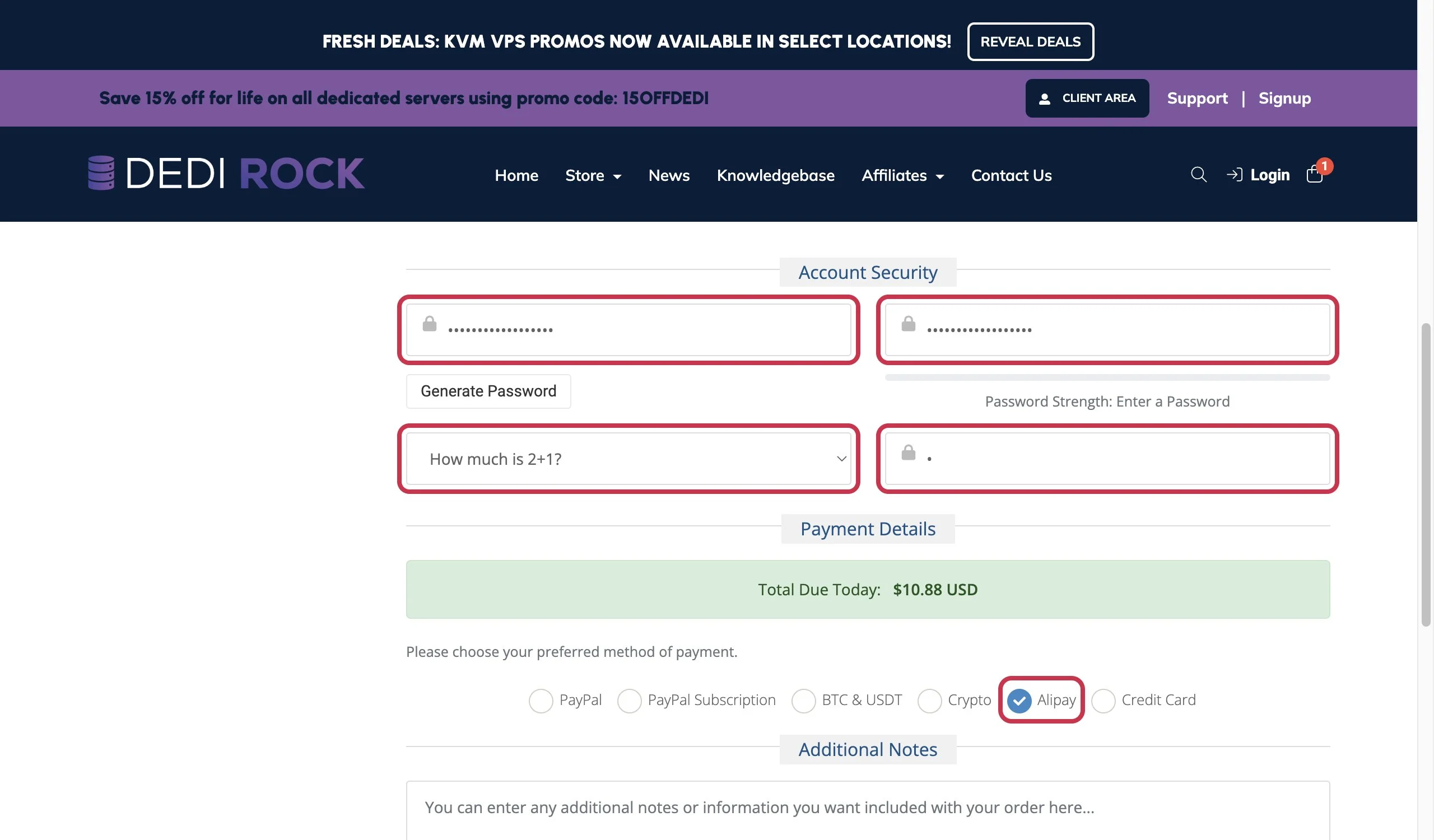 Set account password, fill in 3 for the security question, and select Alipay for payment method