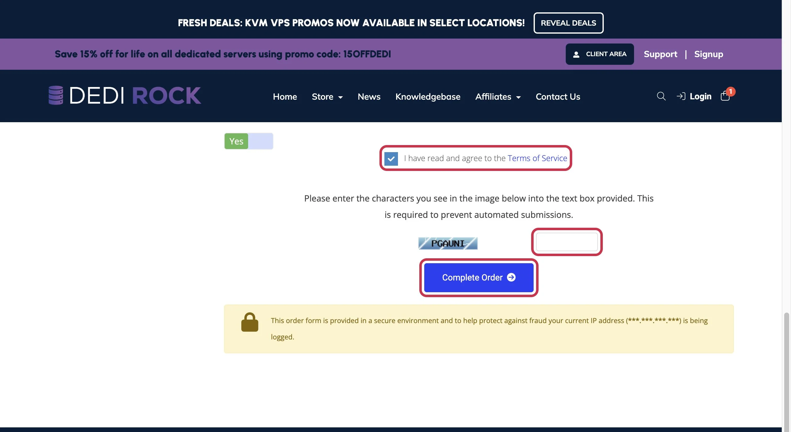 Check the box to agree to the terms, fill in the verification code, and click Complete Order